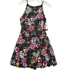 BCX Dress Black Sundress NEW $59 Preppy Floral Midi Stretch Women Size 5 Juniors